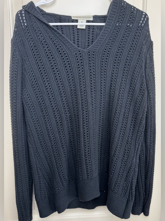 Bamboo Traders Sweaters - Bamboo Traders XL Charcoal Open Knit Hooded Cotton Sweater Boho Pullover